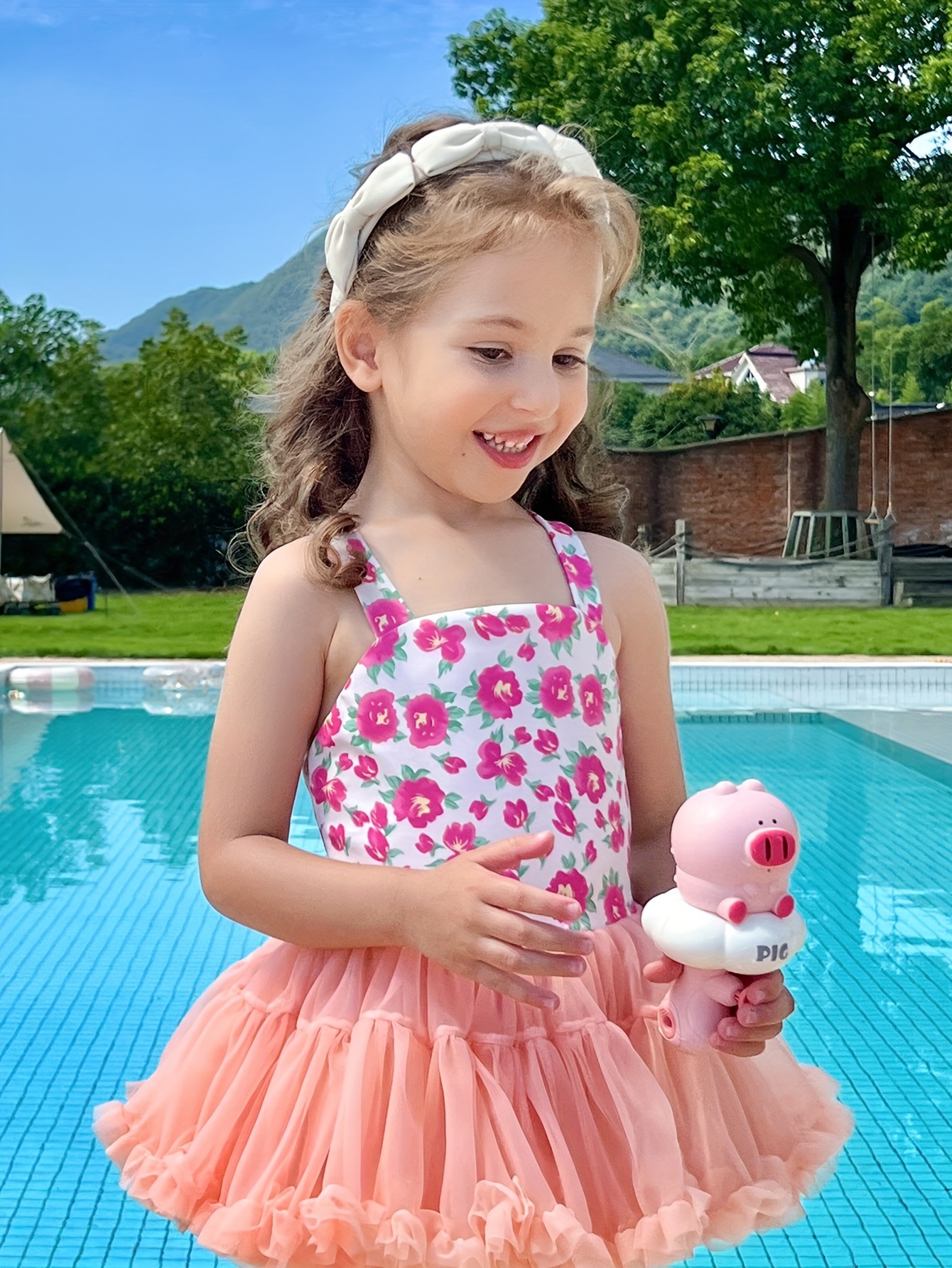 Girls Swimsuit Two Piece Kids Pink Floral Swimming Wear Bikini