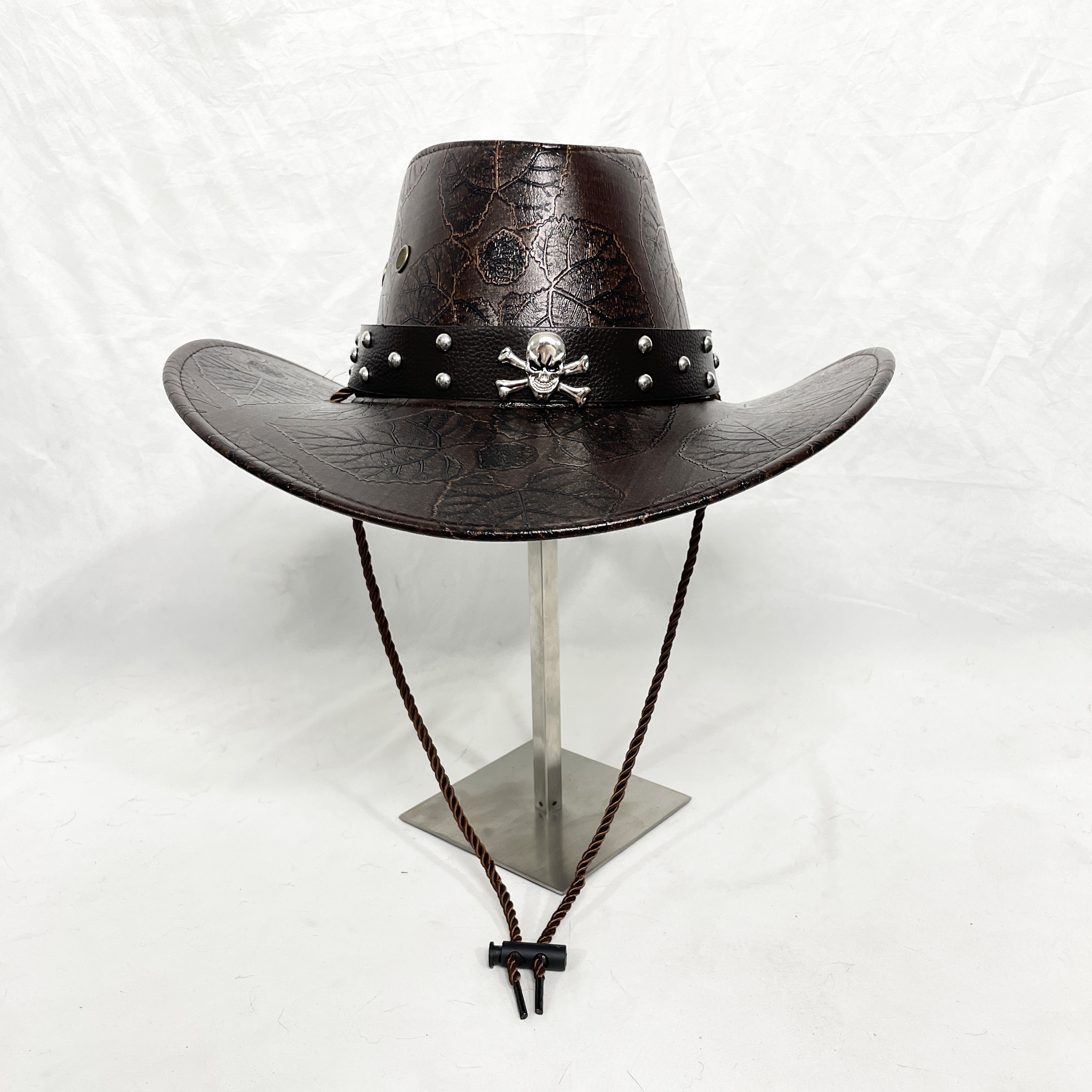 PU Leather Cowboy Hat with Classic Leaf Pattern, Skull Accent and Rivet  Details Lightweight, Inelastic, Yarn-* Western Hat with Stiff Brim Suppor