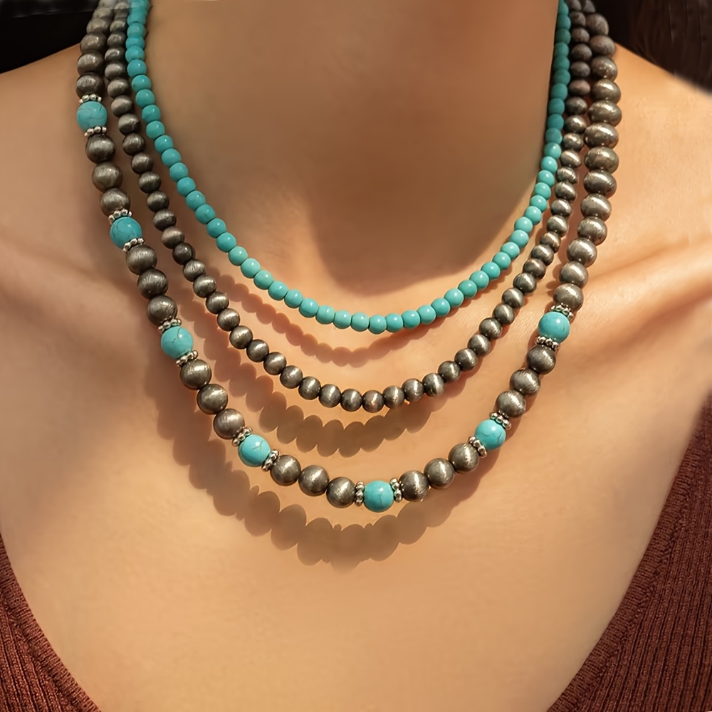 Image of 3pcs Western Vintage Elegant Artificial Turquoise-colored Rope-like Layered Necklace Set, Suitable For Women' Wear For Festivals, Birthdays, Dates, Parties, Vacations, Shopping, And Commutes
