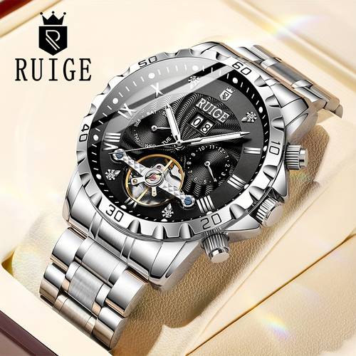 RUIGE Luxury Fashion Men's Automatic Mechanical Watch, Multi-Function Skeleton Calendar & Month Display, Business Men's Gift Watch - Suitable for Formal Occasions