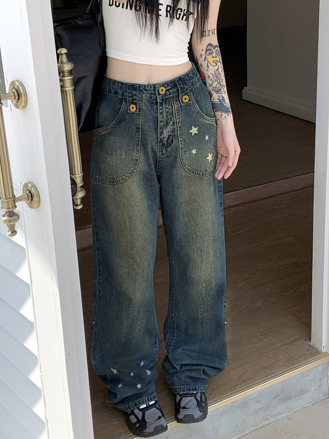 Star Patch Baggy Loose Boyfriend Jeans Dark Wash Zipper - Temu Canada