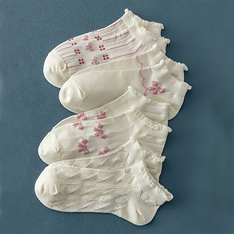 Image of 5 Pairs Bow Pattern Socks, Cute & Breathable Lwo Cut Ankle Socks, Women's Stockings & Hosiery