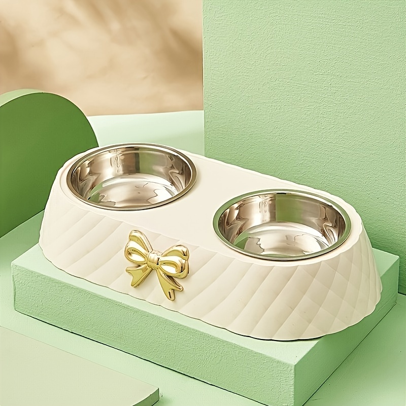 TEMU Colorful Fashionable Bow Pet Bowl Set Large Capacity Feeding Double Bowl Stainless Steel Cat Bowl Feeding And Drinking Bowl