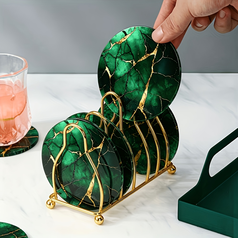 TEMU Set Of 4 Luxurious Green Round Acrylic Coasters With Turquoise Gold-plated Flowing Art Design - Heat-resistant Acrylic Drink Coasters, Suitable