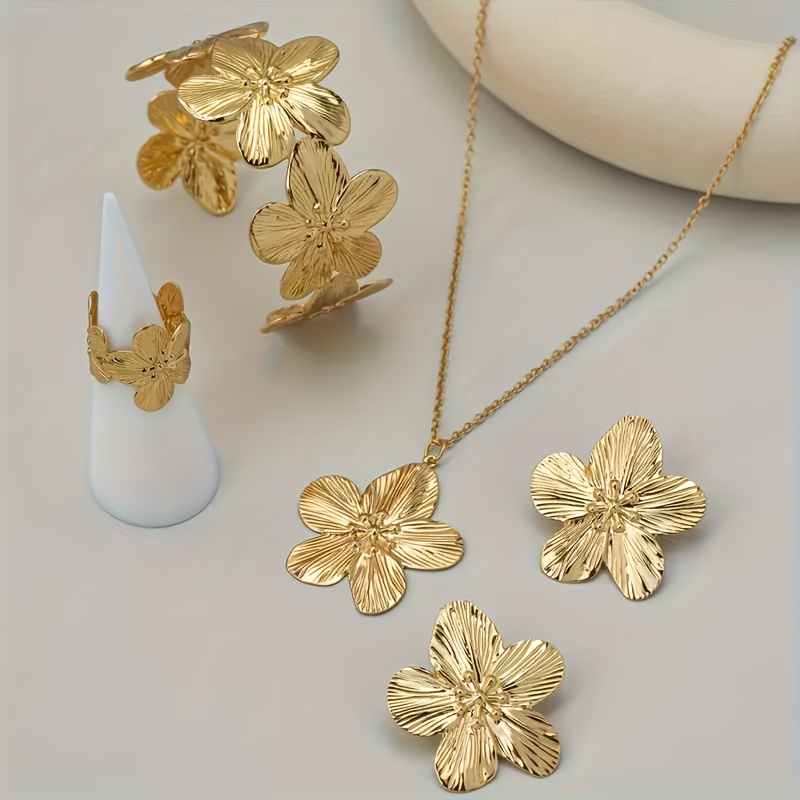 TEMU Elegant Golden Floral Jewelry Set - Matching Earrings, Ring, Bracelet, And Necklace With Intricate Flower Designs, & Gift, Accessory|floral