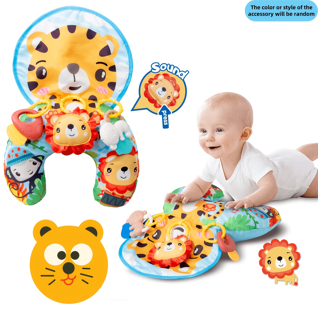 Image of Tummy Time Play Mat For - Colorful Cartoon Animal Themed Abdominal Support Pillow, Multi-functional Crawling Mat With Rattle Toy, Includes Accessories And Children's Toys