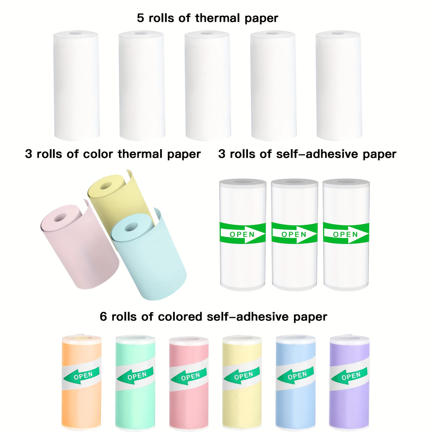 TEMU 17 Rolls Self-adhesive Thermal Paper, 57mm Mini Printer Paper For Office Labels, Notes, Photos, Compatible With Most Mini Printers, Lightweight And Portable, No Battery Required