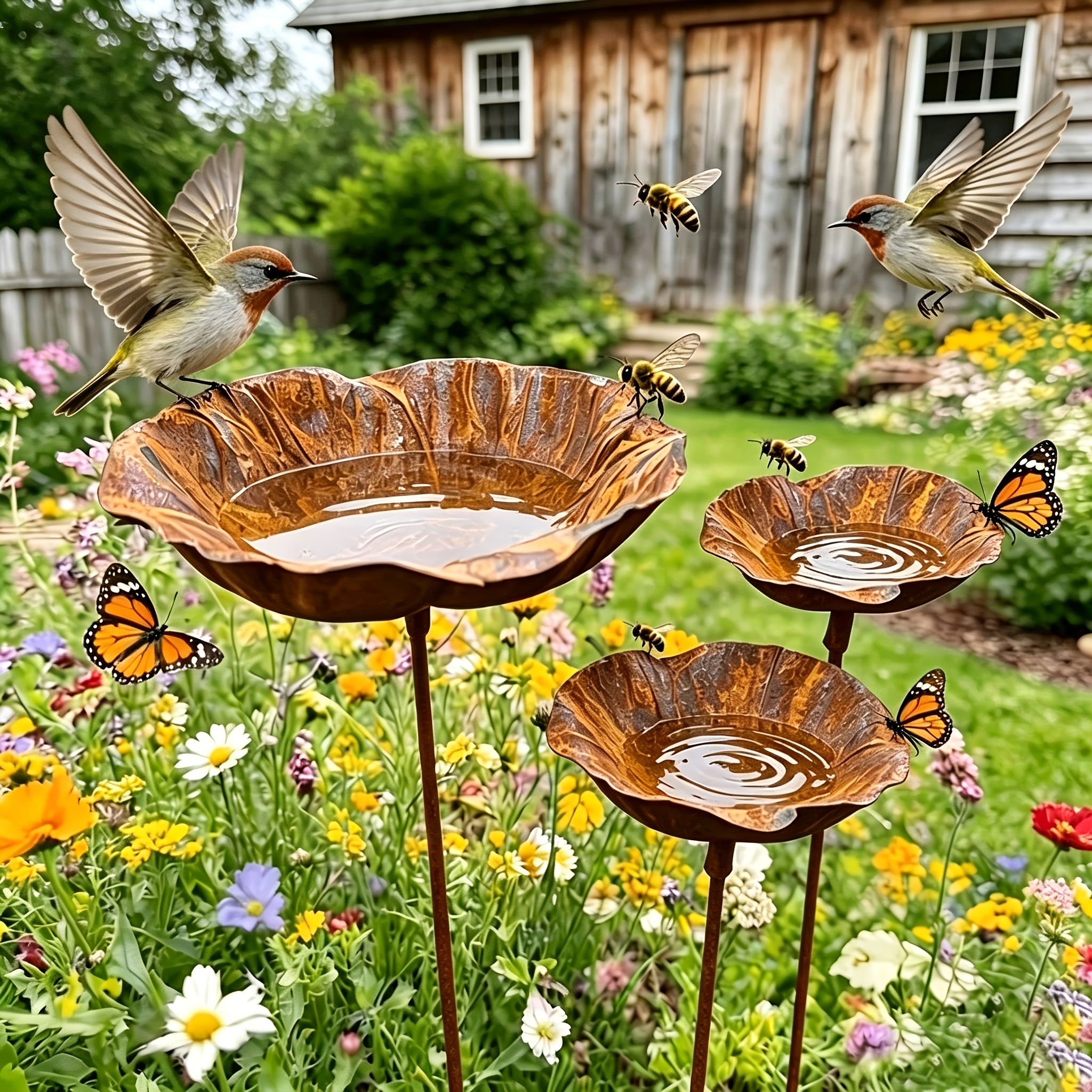 Rustic Bird Bath Stake Set 3-pack Rusty Iron Flower Bird Water Bowl Garden Decor Stake Outdoor Yard Wild Bird Bee Drinking Station Backyard Lawn Decorative Birdbath Ornament