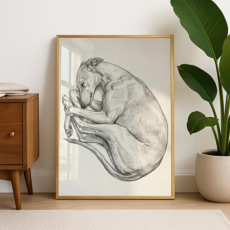 TEMU 2d Flat, 2d Flat, 1pc, Frameless, Minimalist Whippet Sleeping Wall Art, Italian Greyhound , Whippet Line Drawing, Visual Hunting Dog Theme