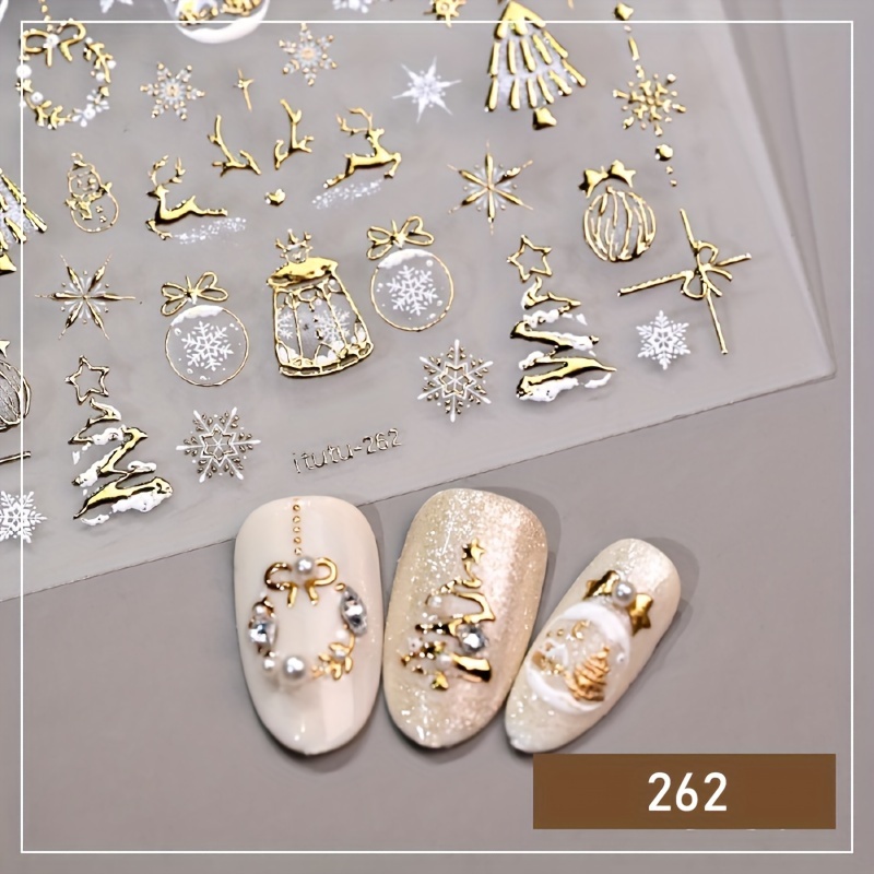 

5d Golden Christmas Nail Art Stickers - Sparkling Tree, Reindeer & Designs | High-gloss , Single Use | Gift , Christmas Nail Decor | Nail Designs | Decorative Nail Art, Christmas Nail Stickers