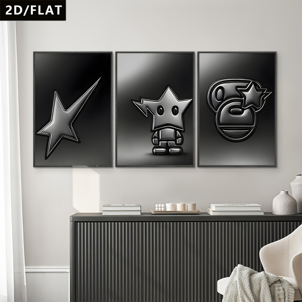 TEMU 2d Flat 3pcs Black Background Metal Relief Cartoon Style Decorative Painting, Modern Simple Canvas Poster, Suitable For Living Room, Bedroom,