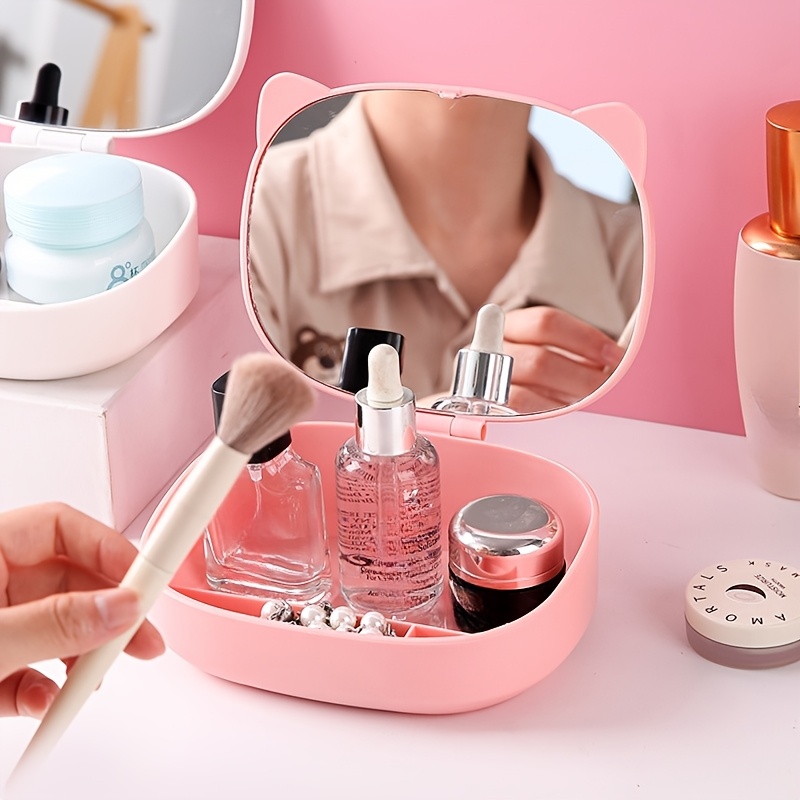 Portable Cat Head Makeup Organizer with Mirror - Compact Cosmetic Storage Box for Jewelry, Earrings, Bracelets & Hair Accessories