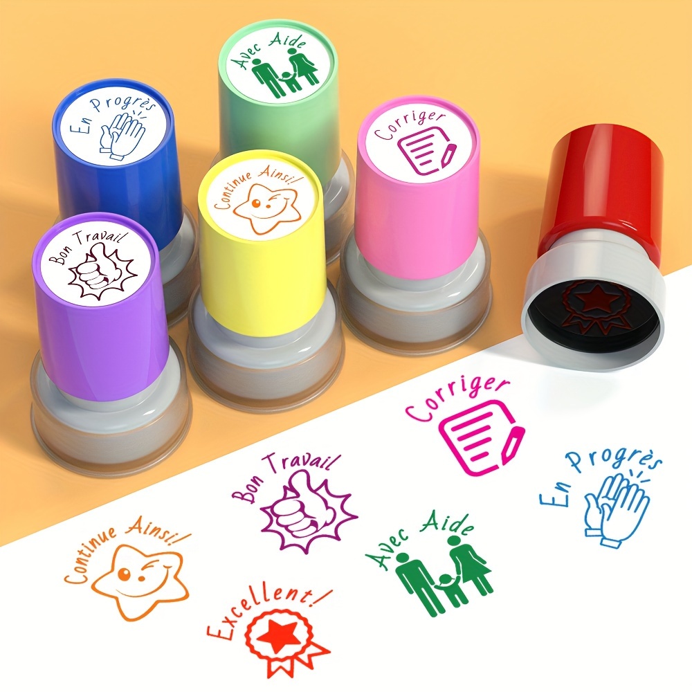 

Set Of 6 French Language Teacher Stamps For Grading And Encouragement, Round Plastic Motivational Classroom Stamps With Storage Box
