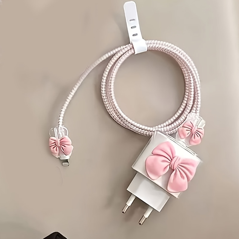 5pcs/set Simple Three-dimensional Bow-style Cable Protector, Suitable For Iphone Eu Standard 25w Charger, Anti-breakage, Anti-scratch, Dirt-resistant Protective Case