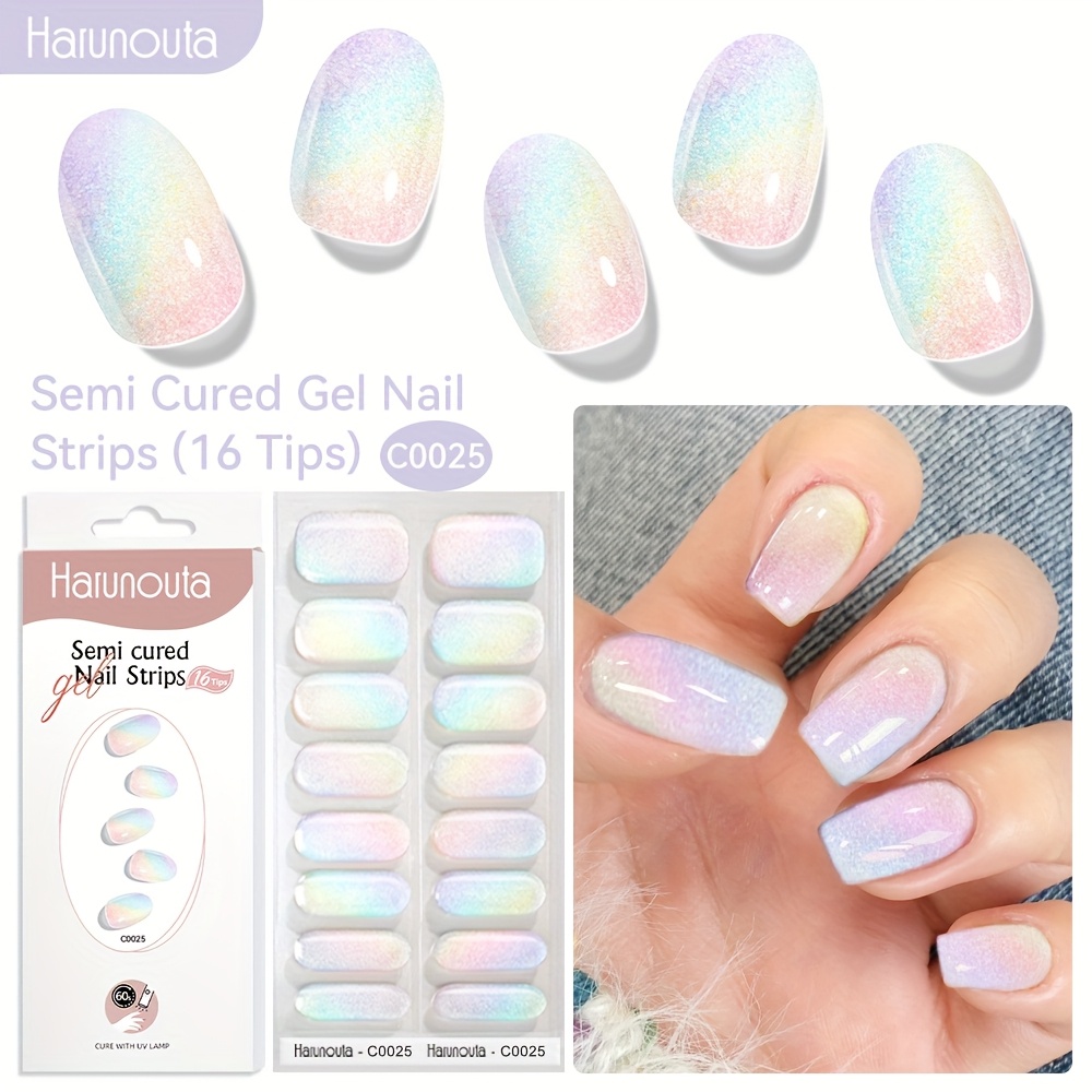 1 Sheet Harunouta 16tips Semi-cured Gel Nail Strips Compatible For / Under - Waterproof Bling Gradient Nail Wraps, Pre- For Salon & Diy Manicure, Glossy Resin Nail Polish For Parties/