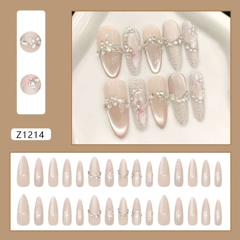 TEMU French Tip Press-on Nails Suitable For - Almond Shape Medium Length With Cat-eye Rhinestone & Glitter, Detachable Extensions For Diy