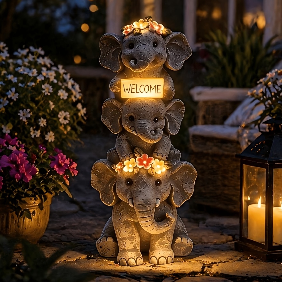 TEMU Solar Garden Statue Welcome Elephant Trio - 3-tier Stacked Resin Figurine With Led Light, Ip65 Outdoor Decor For Patio, Yard & Summer Lawn,