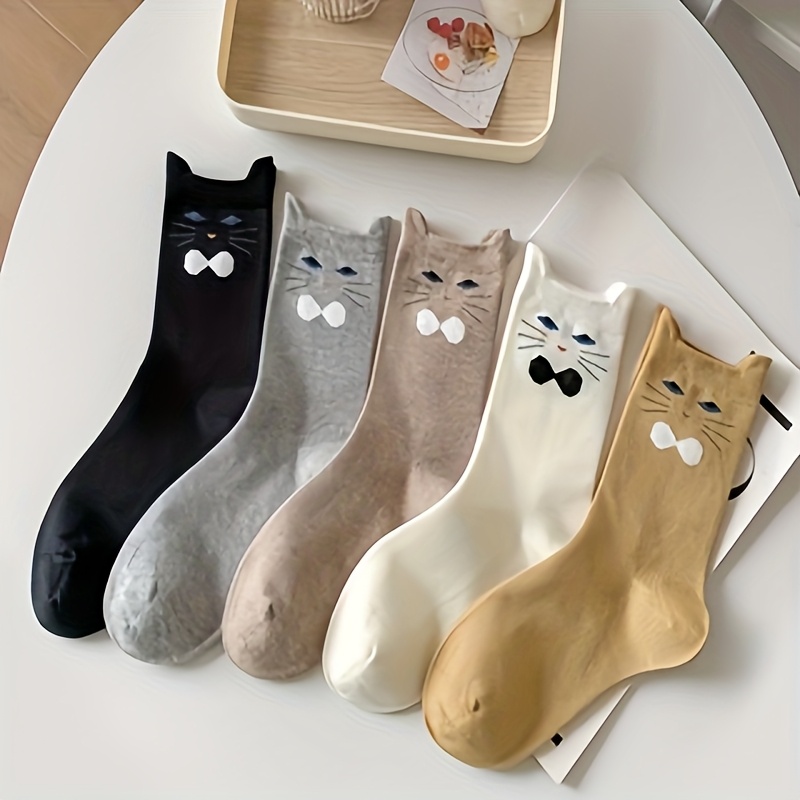 Image of 5 Pairs Cartoon Ear Kitten, Fashionable Cute Animal Cat Mid-tube Socks
