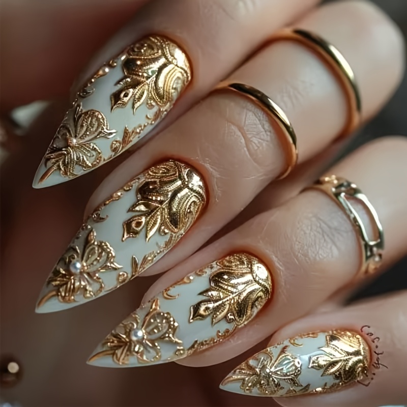 

24pcs Elegant Press-on Nails Set For Women, 3d Embossed Golden , Long Teardrop Shape, , With Golden Accents, Includes Jelly Glue & Nail File