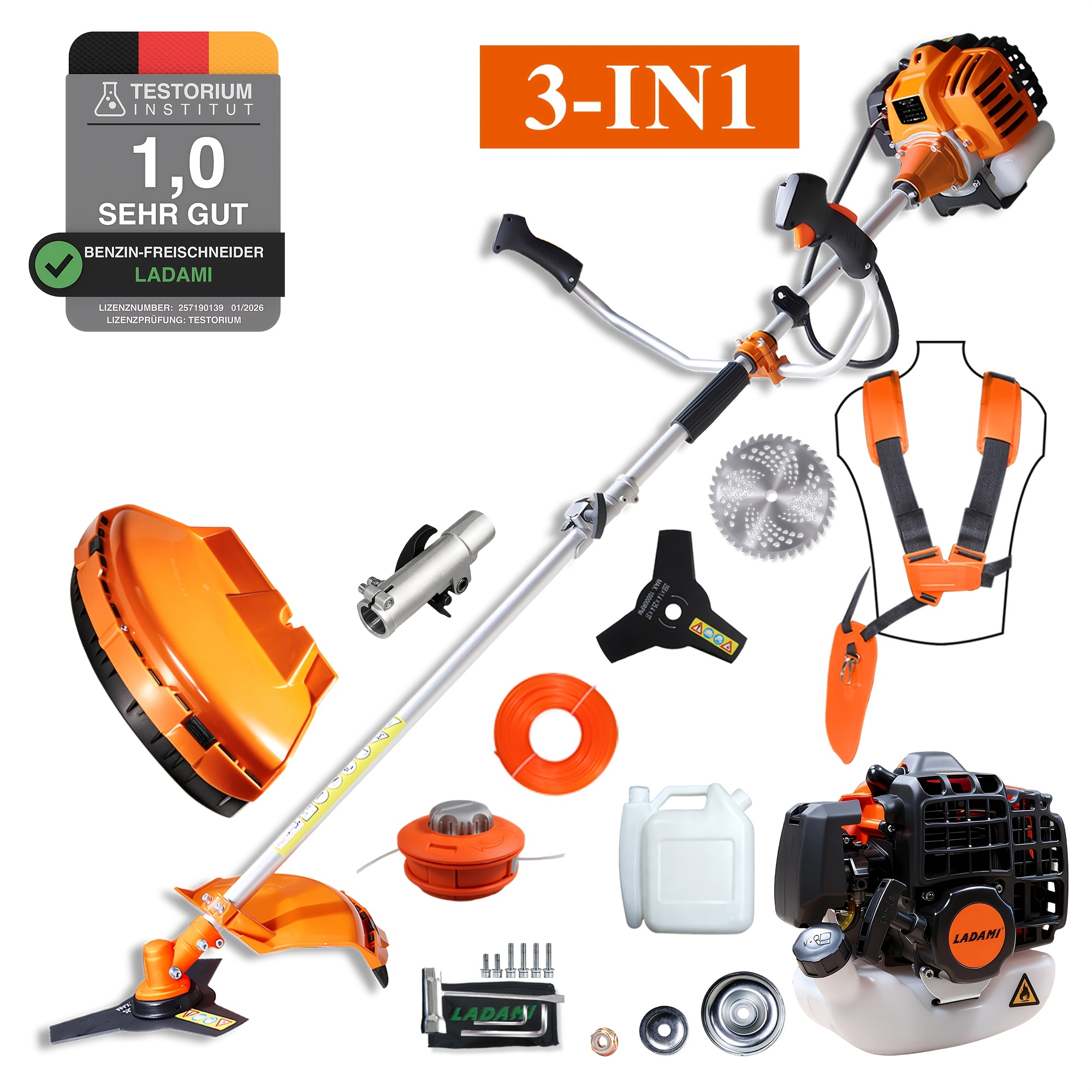 Image of Ladami 52cc 2-stroke Petrol Trimmer 3-in-1 Multifunctional 3 Single-cylinder Engine With 3-tooth Blade And Nylon Line Spool, Powerful And Reliable For Garden And Field
