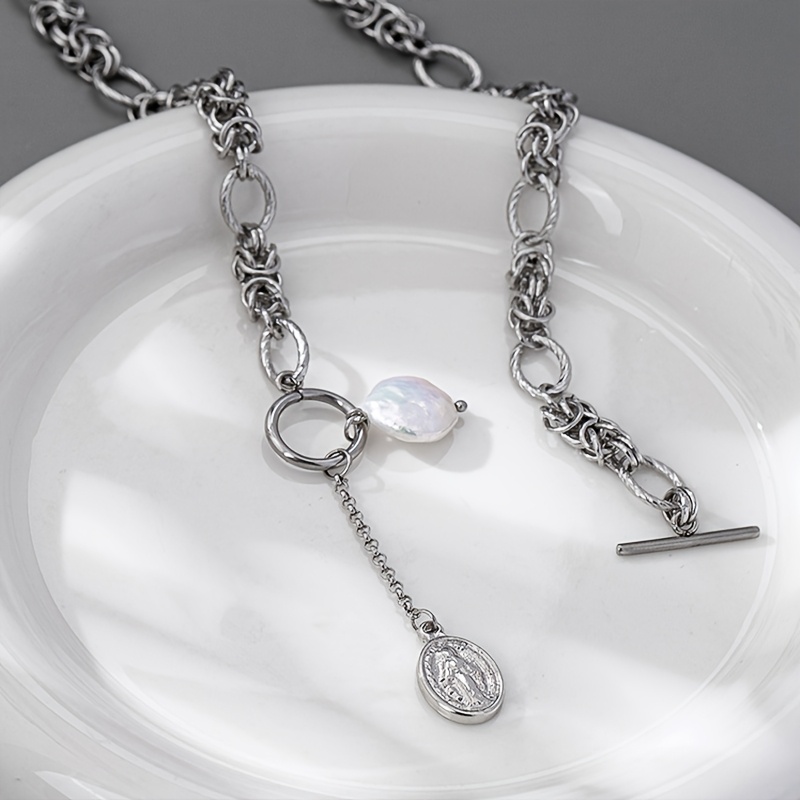Stainless Steel Necklace with Baroque Pearl Pendant Vintage Style