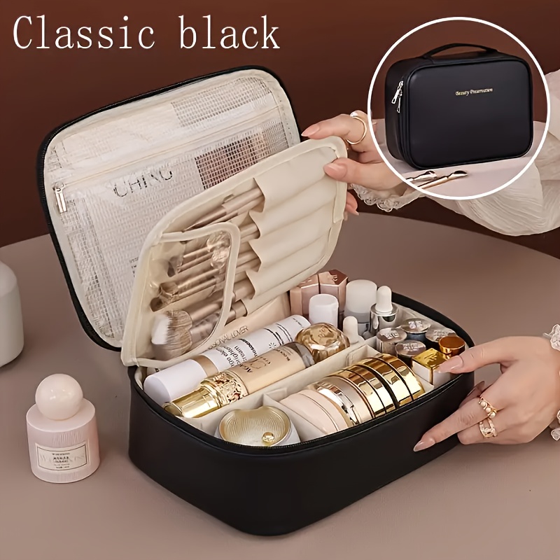 large-capacity multi-tier cosmetic organizer case with detachable brush storage - synthetic leather-like texture makeup bag with golden-tone hardware, beige & black travel beauty storage box with multiple compartments & top opening - unisex portable organizer for  ,   makeup organizer for daily use or travel, durable & stylish design with golden-tone hardware & zippered closure, makeup organizers and storage, colorful cosmetic bag, Product details 8