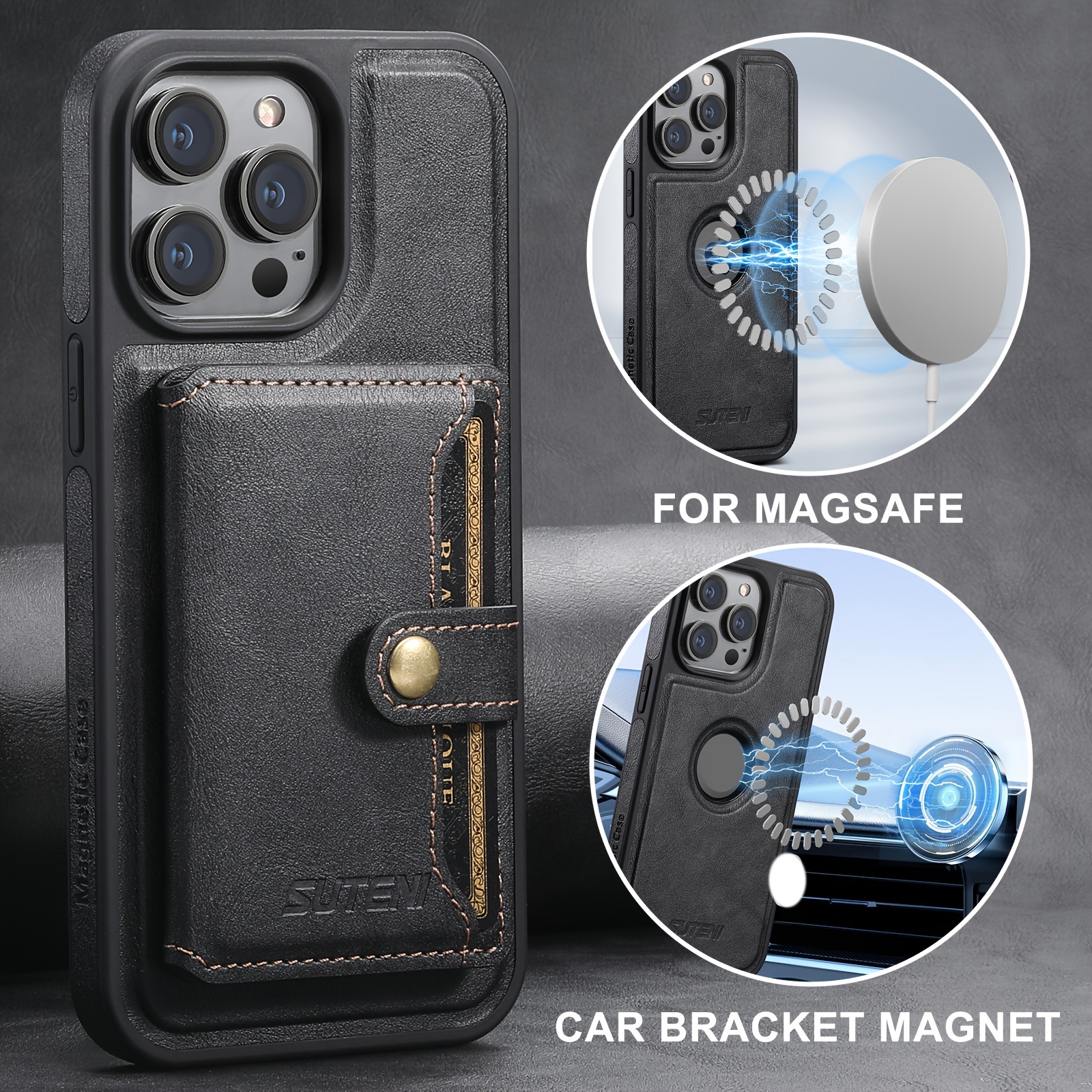 

Suteni Leather Magnetic Wallet 2-in-1 Phone Case Clamshell Card Case Wireless Charging For Iphone 15 14 13 12 Pro Max Plus