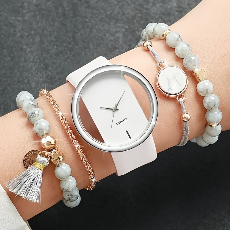 

5 Pcs White Quartz Watches Pu Leather Strap Alloy Pointer Alloy Dial And Bracelet Jewelry For Women