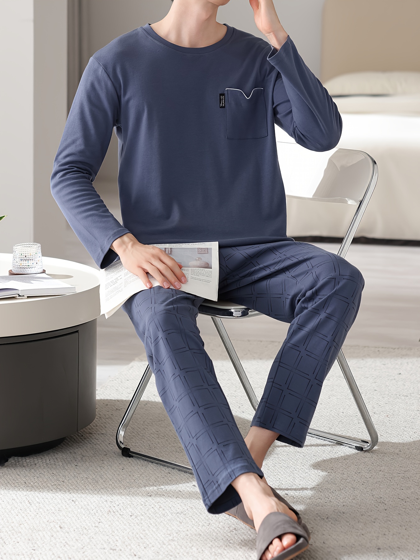 1set Men'S Casual Cotton Pajama Set, Long Sleeve Round Neck Sleepwear with Pockets, Loose Fit Knitted Pullover for Spring/Autumn - Comfortable Thin Cotton Outfit