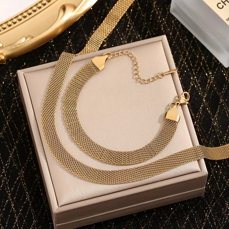 E-shop 2-teiliges Set, Vintage Geflochtenes Mesh Edelstahl Armband Halskette Set, 18K Beschichtet, Nicht Verblassend, Hypoallergen