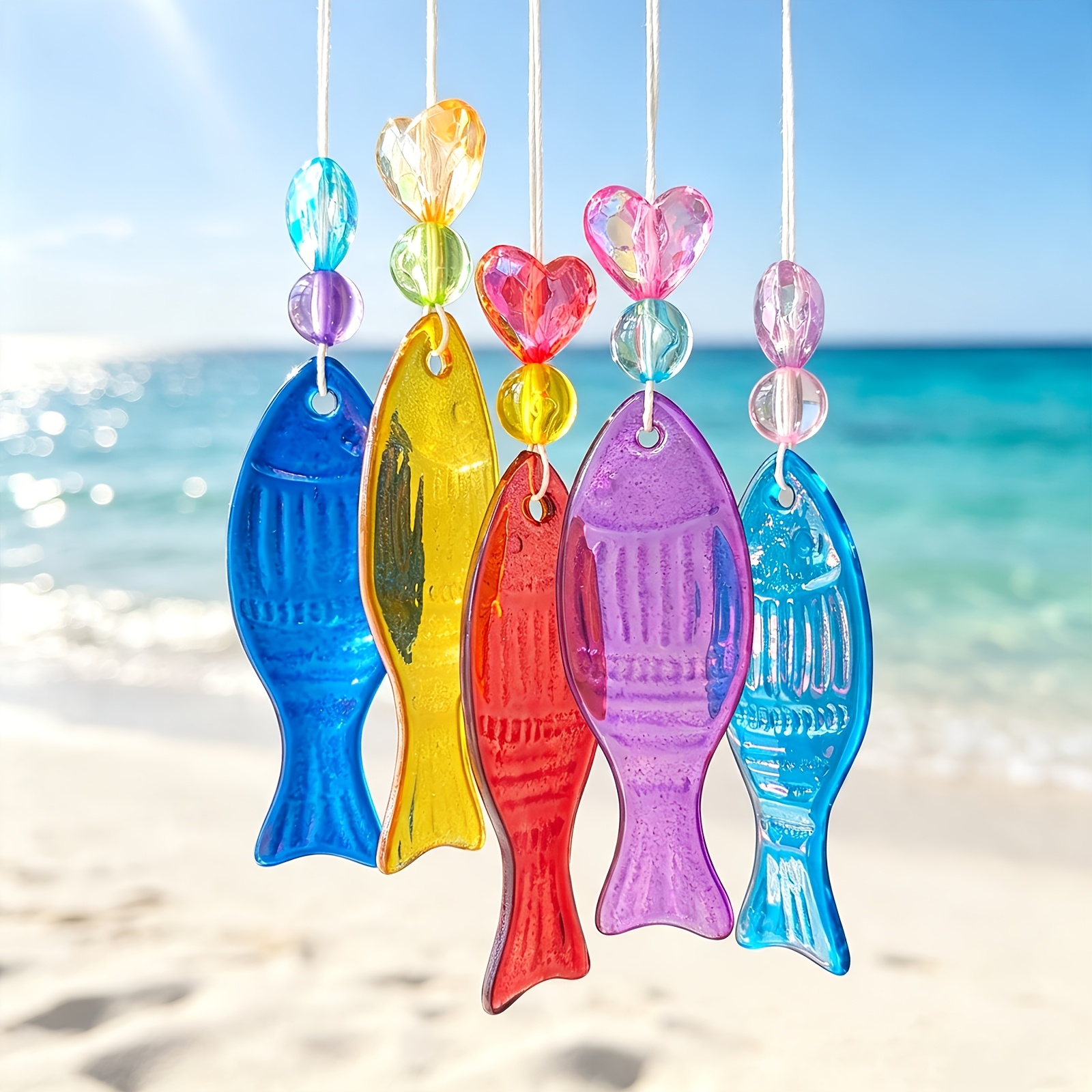 TEMU 5pcs Set Of Stained Glass Hanging Ornaments, Mediterranean Style Pendants, , And Ceiling Decor, Suitable For Aquarium Decoration, Beach Parties,