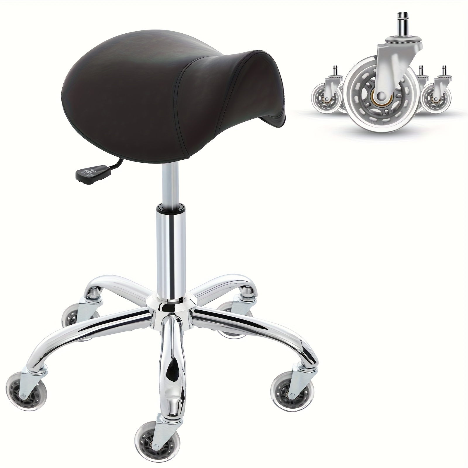 Swivel Adjustable PU Leather Chair - Ergonomic Saddle Stool with Wheels | for Drafting, Office, Clinic, Beauty & Tattoo - Metal Frame, Polished Finish, Memory Foam