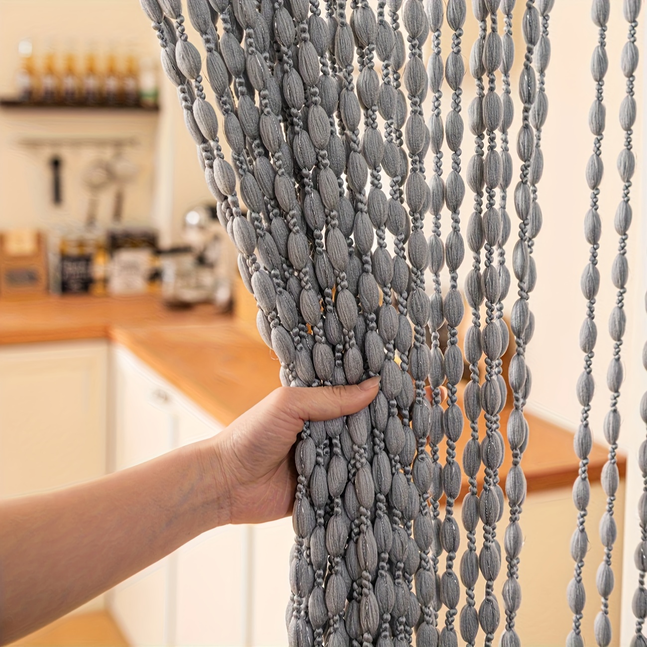 1pc Bohemian Style Rod-pocket Lantern Ball Curtain, Gray/ Decorative Door Curtain, String Curtain, Partition Curtain