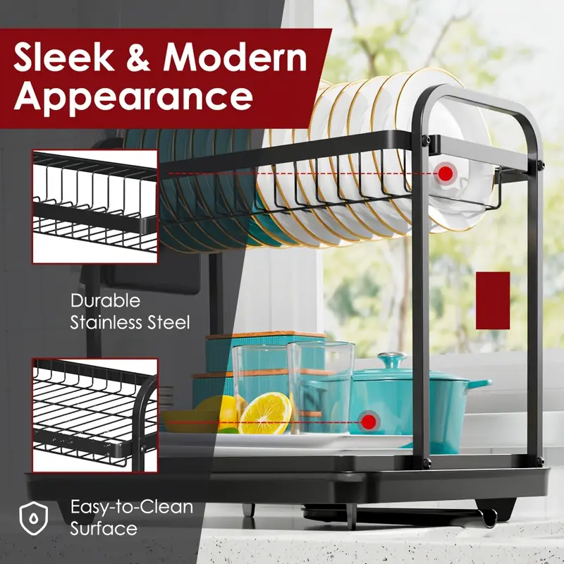 2 tier metal dish drying rack with utensil holders knife slots large capacity stainless steel kitchen counter organizer for dishes bowls cookware saving design for 3 4 person households dish drying rack for kitchen counter drying racks Product details 2