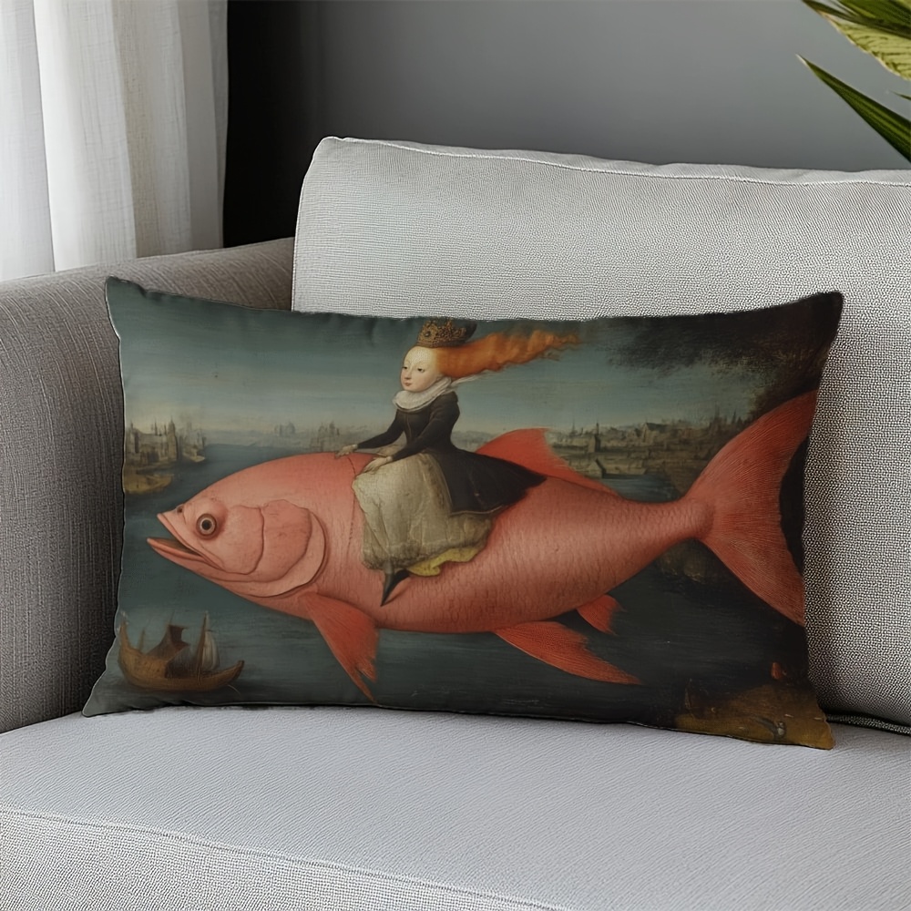TEMU 1 Whimsical Renaissance Lumbar Pillow Cover - Designed With Artistic Fish, Traditional Style, Soft Polyester Fiber, Zipper Closure, Machine