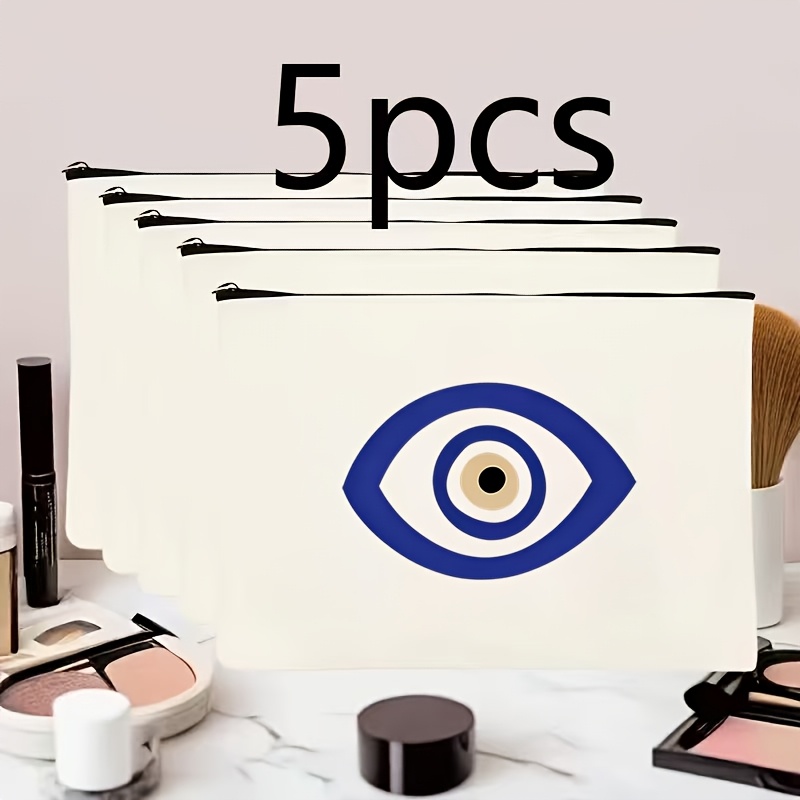 TEMU 5pcs Sacs de Rangement Minimalistes Couche Unie Bleu Motif Œil Maléfique, Symbole de Protection Œil Maléfique, Trousse de Cosmétique Unisexe