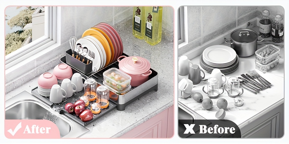 a versatile dish drying rack made of 304 stainless steel featuring a cup holder and cutlery holder Product details 0