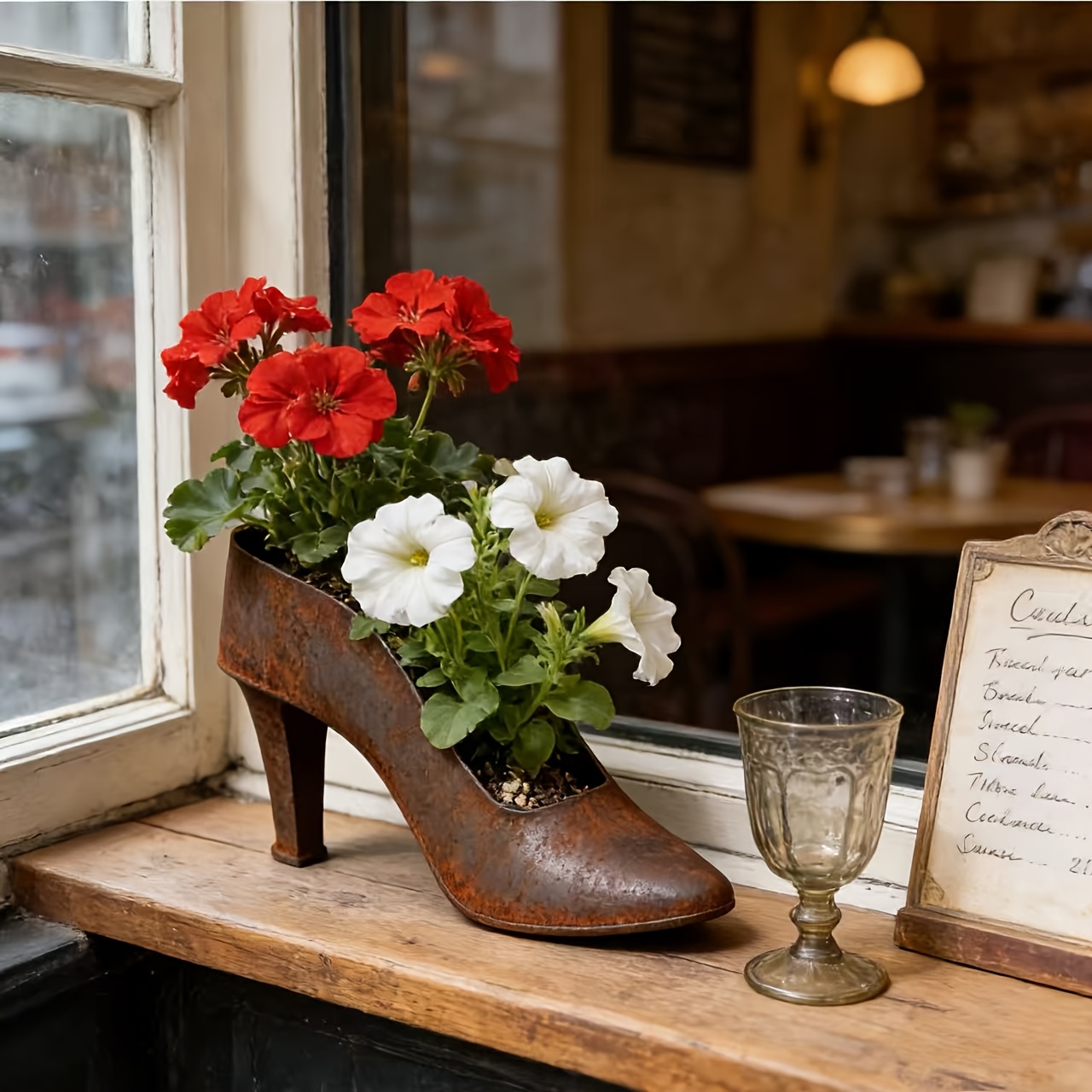 Image of Iron High-heeled Shoe Planter Made Of Aged Metal, Suitable For Indoor And Outdoor Use, Perfect For , Balcony Landscaping, And As A Gift For Succulent Planters. Gardening Gift Home Decor