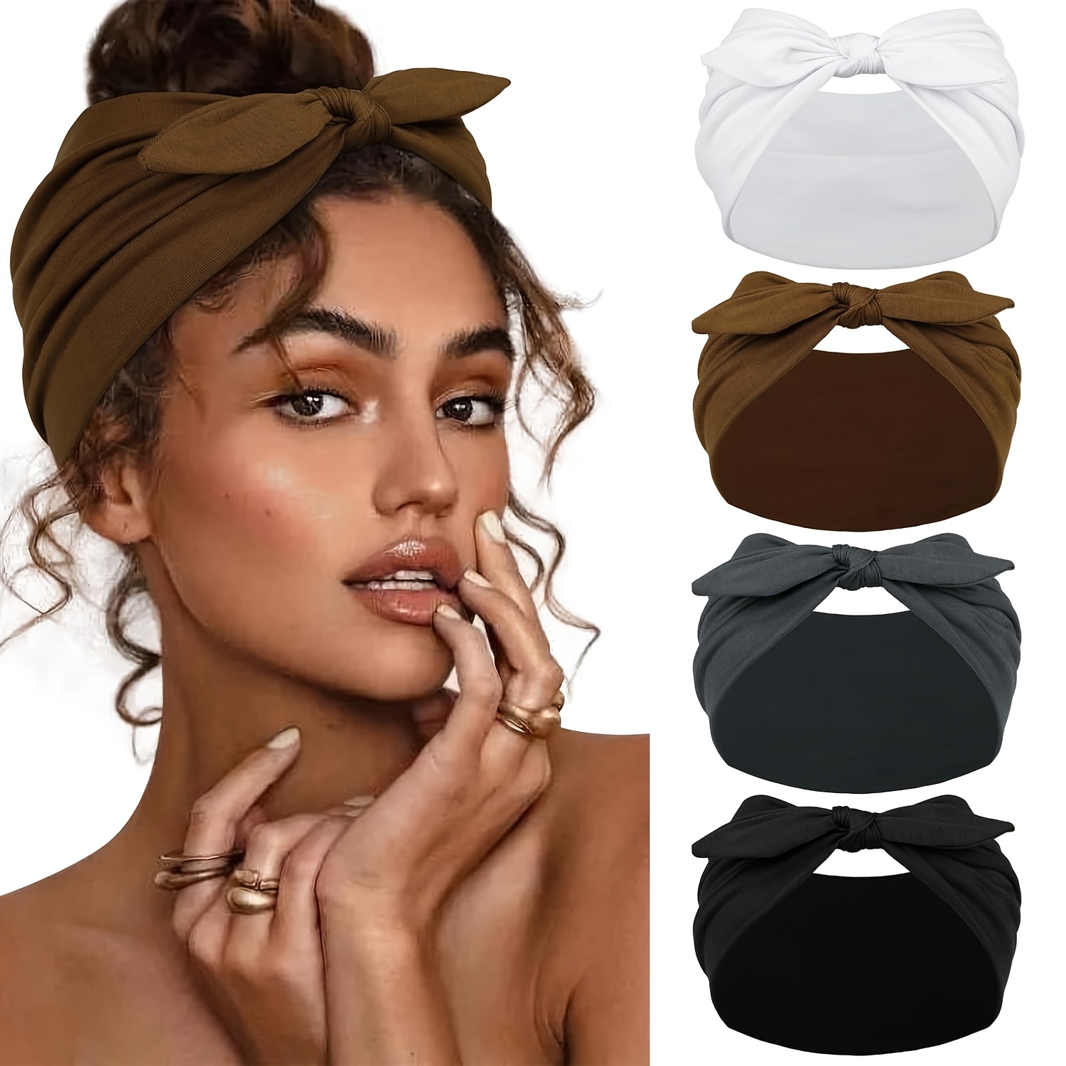 TEMU 4pcs Women's Bohemian Style Headbands With Bow Detail - Solid Color Hair Ties For Sports, Casual Wear & Graduation, Black, Brown, White, Dark