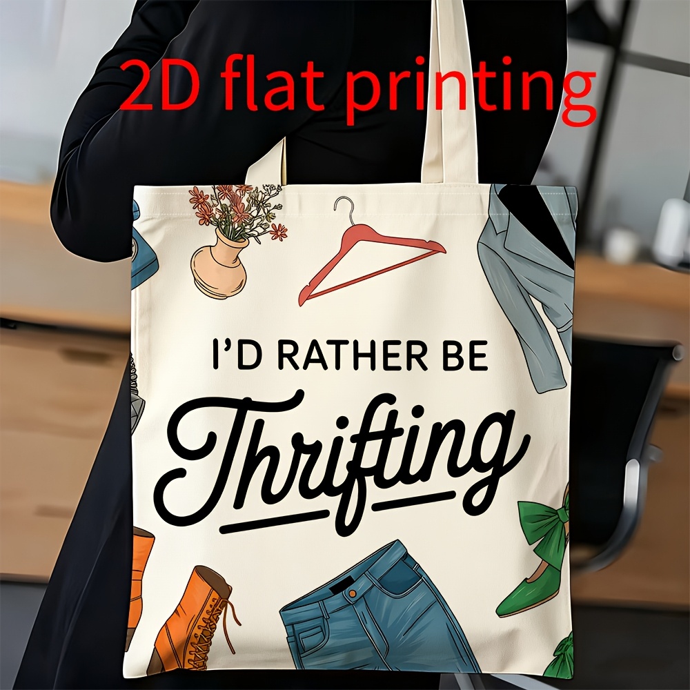 TEMU 1pc Double-sided Printing 2d Flat Tote Bag For Men And Women, With "rather Thrift" Retro Item Combination Trendy Pattern Shoulder Bag, Large