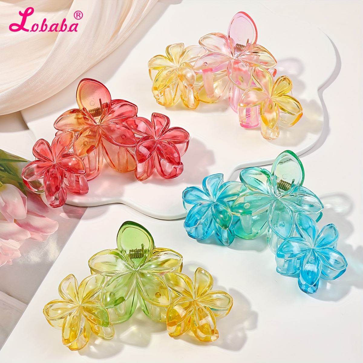 

4pcs Lobaba Elegant Gradient Flower Hair Claw Clips - Large, Transparent With Colorful Egg , For All Hair Types, Vintage-inspired Hair Accessories