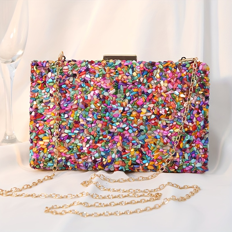 

Colorful Beaded Evening Clutch, Polyester Small Square Bag, Elegant Bag For Party And Formal Events With Detachable Chain Strap