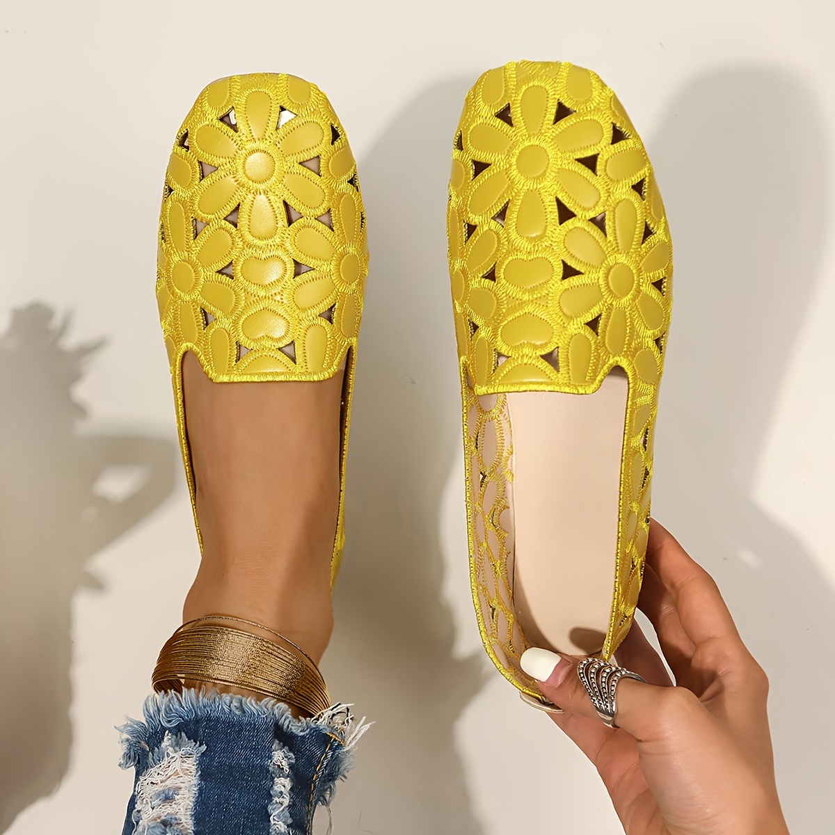 

Women's Solid Color Elegant Loafers, Floral Cut Out Lightweight Slip On Shoes, Breathable Travel Shoes