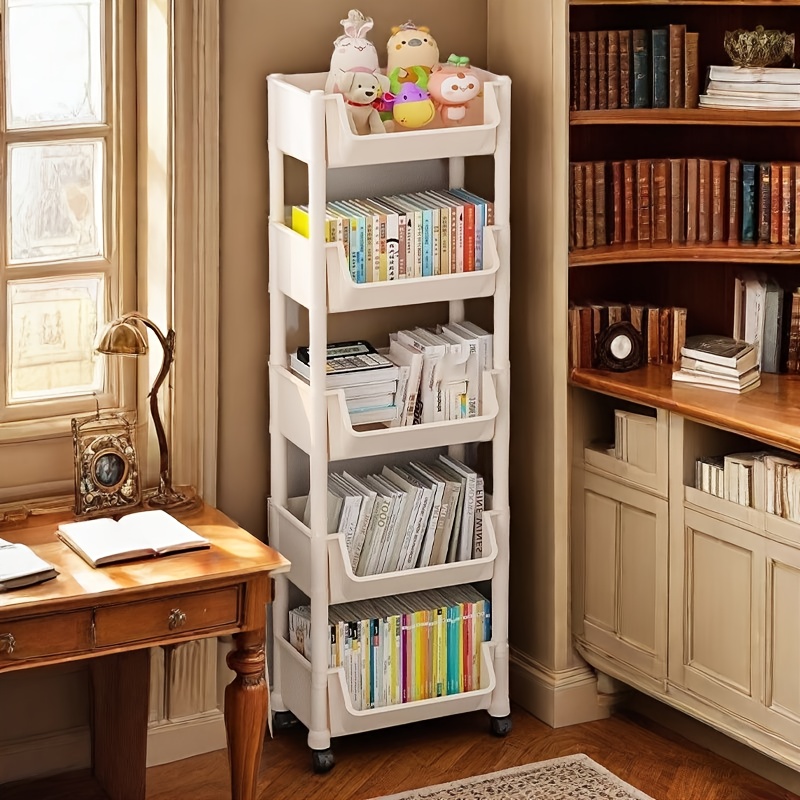 white 3 tier bookshelf with wheels freestanding vertical storage organizer for office bedroom or study durable plastic easy assembly 27 height 20 lbs capacity   books decor and more bookshelf decor bedroom organizer   sturdy construction   modern aesthetic lightweight   organizers plastic storage unit plastic unit bookshelf bookcase Product details 0