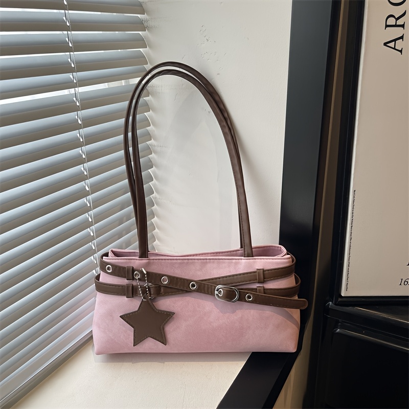 TEMU Sac bandoulière aisselé, sac à bandoulière patchwork coloré texturé facile pour femmes, avec pendentif d'étoile, adapté aux sorties quotidiennes
