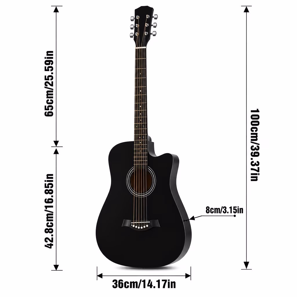 38 Inch Basswood Folk Guitar for Beginners, Low Action Easy Press...