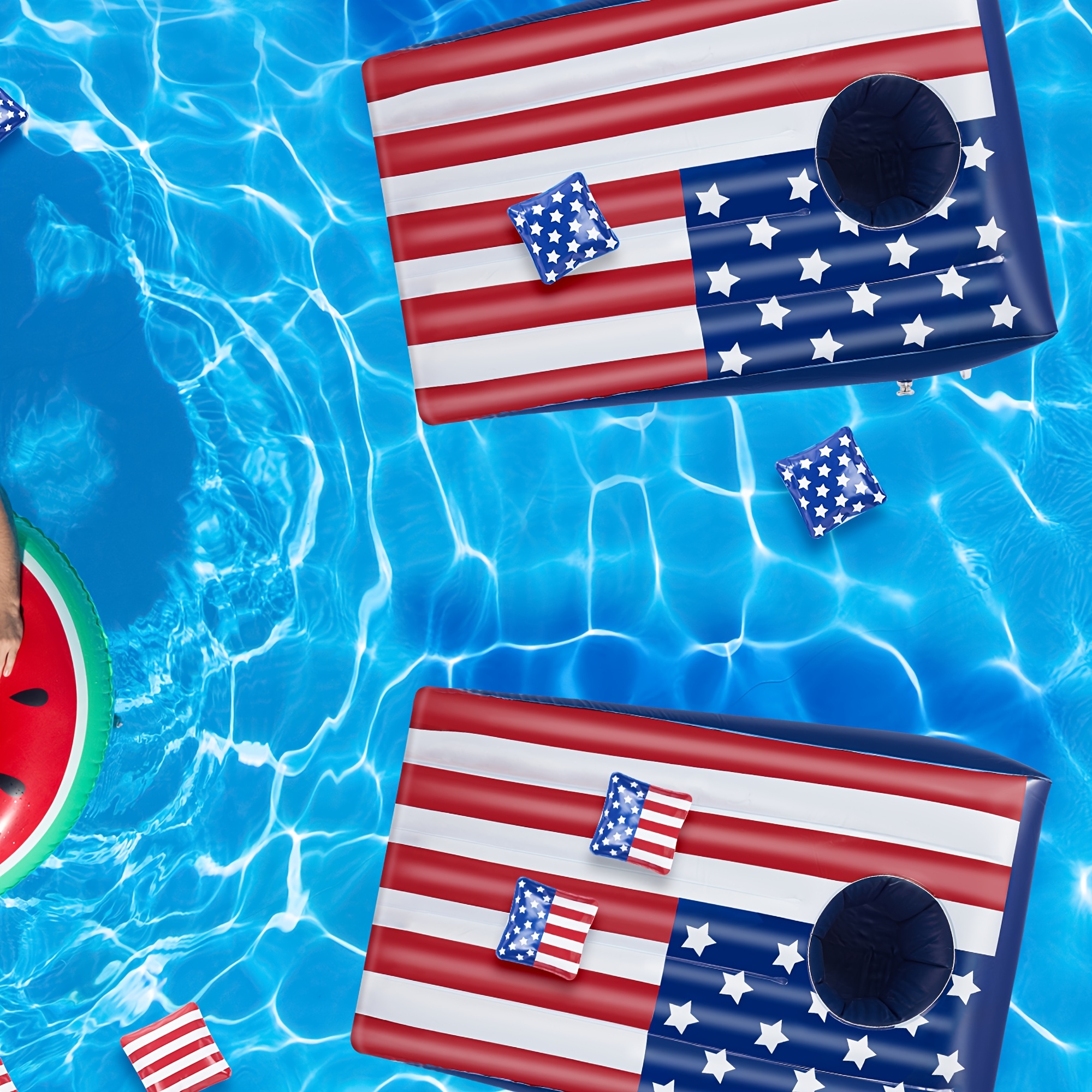 Pool Cornhole Inflatable Bean Bag Toss Game 2 Sets, Independence Day Swimming Pool Game for Teens, Adults and Family, American Flag Theme Water Floating Cornhole Toy with 8 Bean Bags for Party Packs