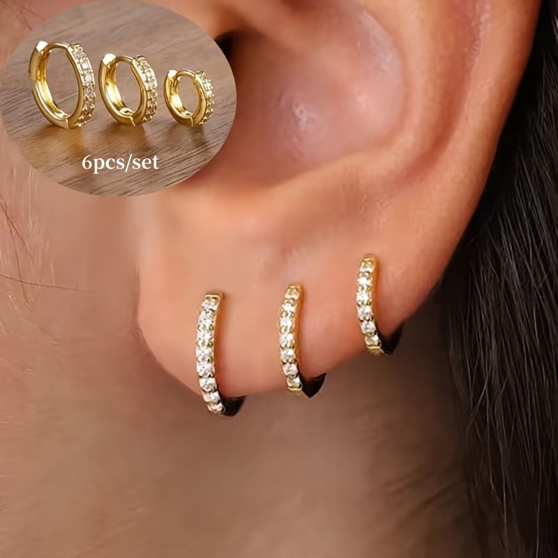 TEMU 6pcs Women's Large & Small Hoop Earrings With Plating & Synthetic Synthetic Zirconia Inlay - Minimalist Elegant Hoops Suitable For Daily Wear,