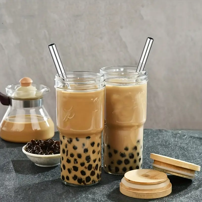 4pcs of 24 ounce glass cups with lids and straws cute cups drinking can set reusable glass water cups for making cold boiled juice mothers day gift christmas gift with with two cup brushes Product details 2
