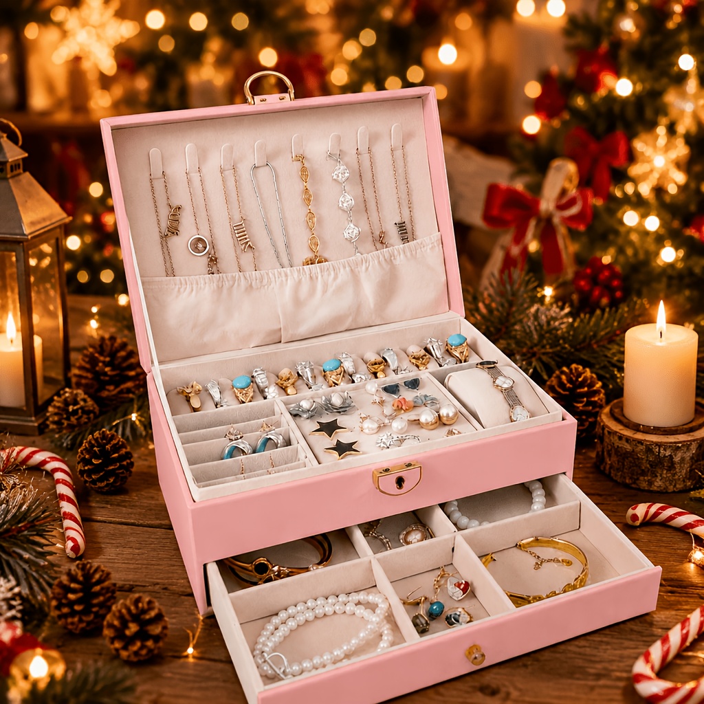1pc Rhombus Double-Layer Christmas Gift Premium Large Capacity Jewelry Box - Faux Leather Multifunctional Jewelry Case, Lockable Watch Box, Portable Jewelry Organizer, Drawer-Style Vanity Jewelry Organizer